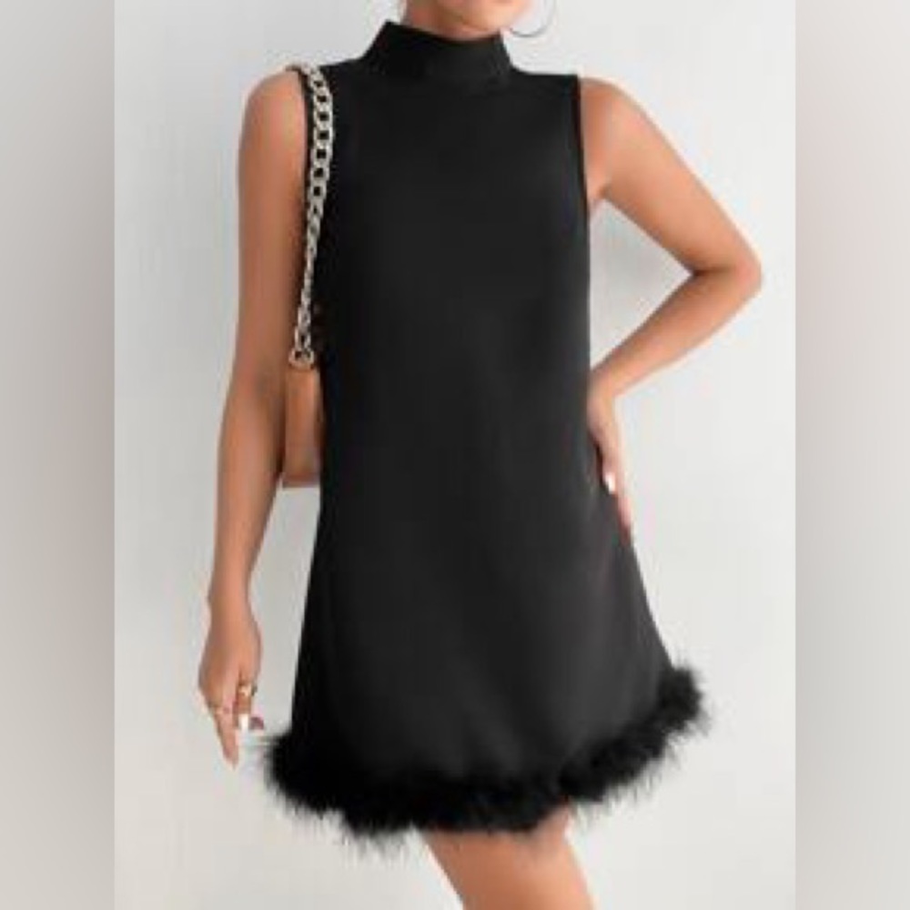 SHEIN black mock neck with fur mini dress - petite - xxs -